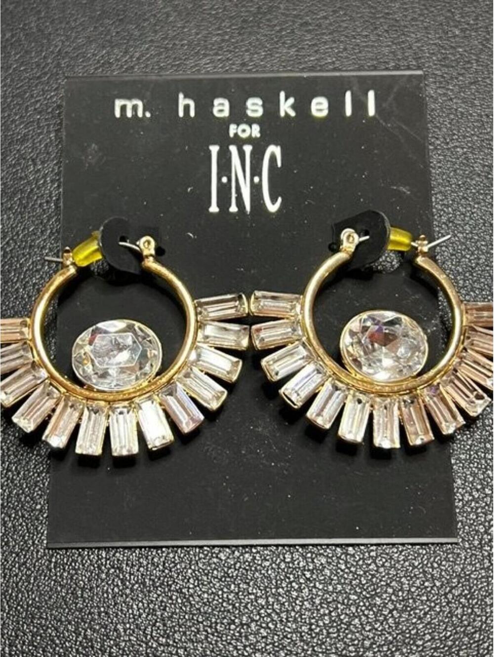 B5485 M. Haskell for INC 1.5" Gold Tone Crystal Baguette Fan Hoop Earrings